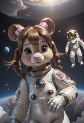 1girl,long hair,looking at viewer,smile,brown hair,gloves,animal ears,twintails,brown eyes,braid,cowboy shot,sky,cloud,white gloves,star (symbol),twin braids,cameltoe,moon,star (sky),furry,realistic,mouse ears,sun,space,planet,earth (planet),american flag,spacecraft,spacesuit,japanese flag,astronaut,solo,bodysuit,helmet,freckles,furry female,bear ears,space helmet