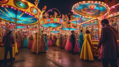 short hair,multiple girls,black hair,hat,standing,multiple boys,from behind,formal,suit,walking,6+boys,crowd,night,scenery,robe,fantasy,multiple others,6+others