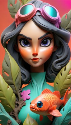 1girl,solo,long hair,looking at viewer,blush,blue eyes,black hair,closed mouth,upper body,dark skin,dark-skinned female,lips,eyelashes,makeup,animal,leaf,plant,lipstick,goggles,fish,goggles on head,nose,red lips,goldfish,purple eyes,turtleneck,portrait,freckles,surreal