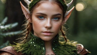 1girl,solo,long hair,looking at viewer,blue eyes,brown hair,closed mouth,braid,horns,pointy ears,blurry,lips,depth of field,blurry background,elf,portrait,freckles,realistic,nose,fantasy,blonde hair,green eyes,eyelashes,leaf,nature,close-up,bokeh