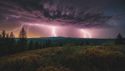 outdoors,sky,cloud,tree,no humans,cloudy sky,grass,nature,scenery,forest,sunset,mountain,electricity,field,lightning,landscape,horizon