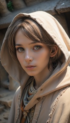 1girl,solo,looking at viewer,short hair,bangs,blonde hair,brown hair,brown eyes,jewelry,closed mouth,upper body,parted lips,teeth,hood,necklace,blurry,lips,eyelashes,depth of field,blurry background,portrait,cloak,hood up,realistic,nose,outdoors,parted bangs