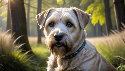 HQ,solo,brown eyes,outdoors,day,signature,blurry,collar,tree,no humans,depth of field,blurry background,animal,leaf,sunlight,grass,looking up,plant,nature,forest,dog,realistic,animal focus,animal collar,looking at viewer,portrait