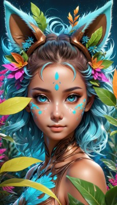 1girl,solo,looking at viewer,smile,short hair,blue eyes,hair ornament,animal ears,bare shoulders,closed mouth,blue hair,upper body,flower,multicolored hair,hairband,outdoors,sky,shiny,artist name,signature,hair flower,dark skin,medium hair,aqua eyes,dark-skinned female,lips,eyelashes,aqua hair,makeup,fake animal ears,glowing,leaf,watermark,facial mark,feathers,plant,portrait,star (sky),web address,forehead,pink flower,eyeshadow,starry sky,freckles,pink lips,nose,facepaint,mascara,long hair,brown hair,gradient hair,night,bodypaint