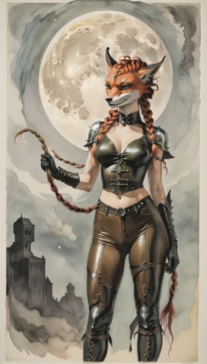 1girl,solo,long hair,breasts,looking at viewer,smile,gloves,navel,holding,animal ears,cleavage,medium breasts,very long hair,green eyes,standing,braid,red hair,boots,black gloves,midriff,belt,pants,armor,twin braids,watermark,scar,moon,shoulder armor,corset,furry,full moon,spikes,furry female,leather,castle,wolf,bustier,leather gloves,leather boots,sky,orange hair,fox ears,fox girl,pauldrons,brown pants,snout,leather pants