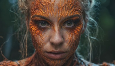 1girl,solo,looking at viewer,short hair,closed mouth,green eyes,white hair,blurry,lips,eyelashes,depth of field,blurry background,portrait,close-up,smoke,freckles,realistic,nose,straight-on,smile