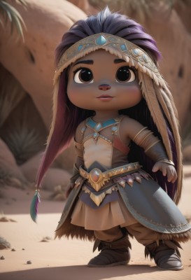 1girl,solo,long hair,breasts,looking at viewer,blush,smile,black hair,bare shoulders,brown eyes,jewelry,very long hair,standing,full body,purple hair,boots,outdoors,parted lips,teeth,sleeveless,pants,artist name,dark skin,necklace,chibi,blurry,black eyes,flat chest,dark-skinned female,lips,depth of field,blurry background,headband,brown footwear,feathers,gem,child,rock,sand,arms at sides,bracer,feather hair ornament,tribal,skirt,brown hair,hair ornament,midriff,thick eyebrows,realistic