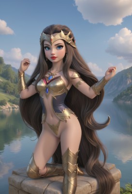 1girl,solo,long hair,breasts,looking at viewer,smile,blue eyes,brown hair,navel,jewelry,medium breasts,very long hair,standing,earrings,boots,outdoors,parted lips,sky,pussy,day,artist name,cloud,water,necklace,armor,blue sky,lips,hands up,makeup,bottomless,watermark,tiara,lipstick,gem,revealing clothes,web address,headpiece,vambraces,red lips,armored boots,greaves,lake,cleavage,bare shoulders,underwear,collarbone,small breasts,pointy ears,stomach,tree,groin,standing on one leg,knee boots,cloudy sky,armlet,circlet,red gemstone