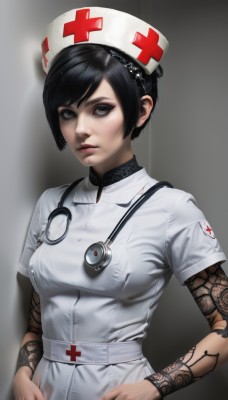 1girl,solo,breasts,looking at viewer,short hair,bangs,black hair,hat,dress,medium breasts,upper body,short sleeves,small breasts,parted lips,white dress,black eyes,lips,grey eyes,tattoo,makeup,cross,freckles,hands on hips,realistic,nose,nurse cap,nurse,stethoscope,brown eyes