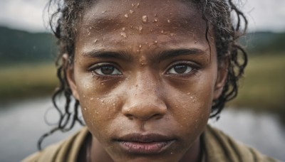 1girl,solo,looking at viewer,short hair,brown hair,black hair,1boy,brown eyes,closed mouth,male focus,artist name,dark skin,hair bun,blurry,dark-skinned female,lips,wet,double bun,depth of field,blurry background,watermark,dark-skinned male,portrait,close-up,freckles,realistic,very dark skin,dreadlocks,smile,outdoors,messy hair,forehead,curly hair,nose