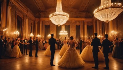 long hair,short hair,multiple girls,black hair,dress,standing,multiple boys,pants,indoors,holding hands,6+girls,formal,suit,reflection,6+boys,dancing,yellow dress,sepia,crowd,stage,ceiling,wedding,tuxedo,chandelier,blonde hair,brown hair,gloves,holding,jacket,ponytail,red hair,from behind,black footwear,white dress,black dress,black jacket,strapless,table,single hair bun,strapless dress,walking,long dress,lamp