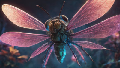 solo, wings, blurry, no humans, bug, flying, realistic, antennae, insect wings