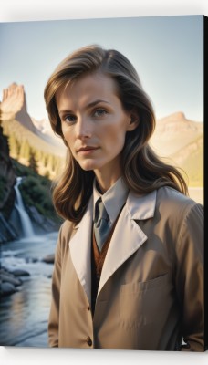 1girl,solo,long hair,looking at viewer,smile,brown hair,shirt,brown eyes,closed mouth,jacket,white shirt,upper body,outdoors,necktie,day,collared shirt,water,blurry,lips,blurry background,border,brown jacket,blue necktie,mountain,realistic,nose,river,jewelry,sky,necklace,vest,formal,suit