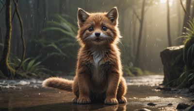 solo,looking at viewer,blue eyes,sitting,full body,outdoors,blurry,tree,no humans,depth of field,blurry background,animal,cat,grass,plant,nature,rain,rock,realistic,animal focus,puddle,open mouth,day,signature,water,fangs,forest,whiskers