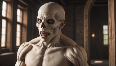 solo,looking at viewer,open mouth,1boy,brown eyes,upper body,male focus,teeth,indoors,blurry,window,muscular,blurry background,colored skin,pectorals,colored sclera,veins,realistic,door,black sclera,bald,manly,horror (theme),smile,grin,topless male,skull