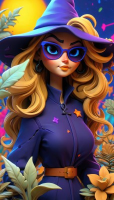 1girl,solo,long hair,breasts,looking at viewer,smile,blue eyes,blonde hair,long sleeves,hat,dress,jewelry,closed mouth,upper body,flower,earrings,glasses,belt,artist name,star (symbol),lips,makeup,witch hat,leaf,wavy hair,moon,sunglasses,thick eyebrows,lipstick,purple dress,buckle,eyeshadow,blue headwear,curly hair,hoop earrings,belt buckle,nose,witch,brown belt,purple headwear,tinted eyewear,medium breasts,night,blue dress,full moon,blue-tinted eyewear