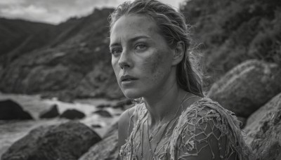 1girl,solo,long hair,looking at viewer,jewelry,closed mouth,monochrome,upper body,greyscale,outdoors,parted lips,necklace,blurry,lips,blurry background,portrait,freckles,realistic,river,water,mountain,dirty,dirty face