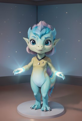 1girl,solo,long hair,looking at viewer,smile,blue eyes,blue hair,standing,tail,full body,multicolored hair,horns,pointy ears,colored skin,monster girl,claws,furry,furry female,female child,breasts,short hair,pink hair,small breasts,artist name,two-tone hair,glowing,watermark,aged down,child,blue skin