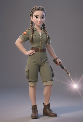 1girl,solo,long hair,breasts,looking at viewer,smile,simple background,brown hair,shirt,holding,brown eyes,closed mouth,standing,full body,weapon,braid,short sleeves,boots,shorts,belt,pants,grey background,holding weapon,uniform,black eyes,twin braids,lips,hand on hip,military,military uniform,shadow,brown footwear,pocket,green shirt,ankle boots,brown belt,breast pocket,green shorts,green pants,world war ii