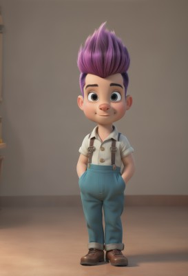 solo,looking at viewer,smile,shirt,1boy,brown eyes,closed mouth,standing,full body,white shirt,purple hair,male focus,multicolored hair,shoes,collared shirt,pants,artist name,shadow,brown footwear,suspenders,aged down,denim,spiked hair,child,hands in pockets,blue pants,overalls,male child,watermark