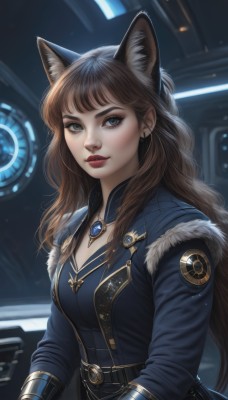 1girl,solo,long hair,breasts,looking at viewer,bangs,blue eyes,brown hair,gloves,long sleeves,animal ears,cleavage,jewelry,medium breasts,closed mouth,upper body,earrings,belt,indoors,cat ears,blurry,lips,coat,animal ear fluff,grey eyes,fur trim,eyelashes,makeup,blurry background,lipstick,brooch,eyeshadow,nose,red lips,jacket,open clothes,artist name,signature,necklace,wavy hair,wolf ears,thick eyebrows,gem,extra ears,pendant,freckles,realistic