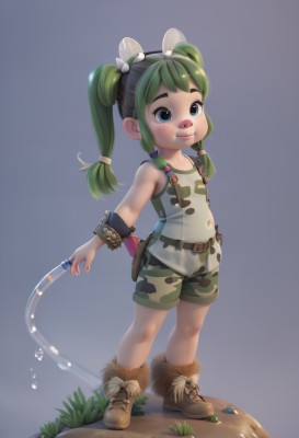 1girl,solo,long hair,smile,blue eyes,simple background,hair ornament,twintails,jewelry,standing,full body,boots,green hair,shorts,belt,grey background,water,flat chest,fur trim,suspenders,tank top,child,freckles,overalls,green shorts,blue background,brown footwear,animal print,bubble,camouflage,hose