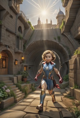 1girl,solo,breasts,looking at viewer,smile,short hair,open mouth,blue eyes,blonde hair,brown hair,gloves,brown eyes,weapon,flower,boots,outdoors,sky,belt,cloud,armor,lips,window,brown footwear,sunlight,knee boots,plant,shoulder armor,building,clenched hands,walking,pauldrons,running,breastplate,stairs,sun,potted plant,greaves,vines,shoulder pads,arch,leaf,lantern,superhero