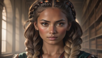 1girl,solo,long hair,looking at viewer,blush,smile,bangs,brown hair,brown eyes,jewelry,closed mouth,collarbone,braid,multicolored hair,shiny,artist name,indoors,dark skin,blurry,twin braids,dark-skinned female,lips,book,eyelashes,window,depth of field,blurry background,portrait,hair over shoulder,forehead,freckles,realistic,nose,bookshelf,multiple braids,blonde hair,black hair,earrings,sunlight,backlighting,library