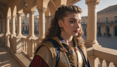 1girl,solo,long hair,looking at viewer,brown hair,brown eyes,jewelry,closed mouth,upper body,earrings,outdoors,sky,solo focus,day,cape,armor,lips,makeup,shadow,wavy hair,lipstick,building,gem,scenery,red lips,pillar,column,sunlight,backlighting,stairs,realistic,nose,architecture,arch