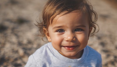 1girl,solo,looking at viewer,smile,short hair,brown hair,shirt,brown eyes,closed mouth,white shirt,upper body,outdoors,blurry,sweater,lips,blurry background,child,portrait,realistic,nose,red lips,female child,blue eyes,1boy,male focus