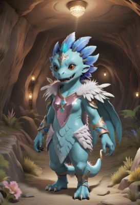 1girl,solo,smile,open mouth,jewelry,blue hair,standing,tail,full body,flower,wings,horns,teeth,pointy ears,orange eyes,no humans,colored skin,feathers,sharp teeth,claws,furry,monster,fantasy,anklet,blue skin,lamp,scales,light bulb,breasts,yellow eyes,small breasts,artist name,bracelet,fur trim,fangs,gem,rock,furry female,company name