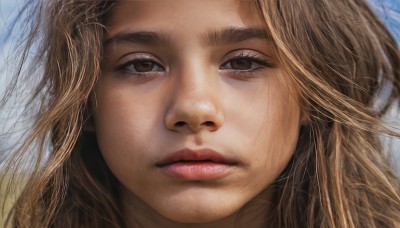 1girl,solo,long hair,looking at viewer,blonde hair,brown hair,brown eyes,closed mouth,lips,eyelashes,expressionless,thick eyebrows,portrait,close-up,realistic,nose,messy hair