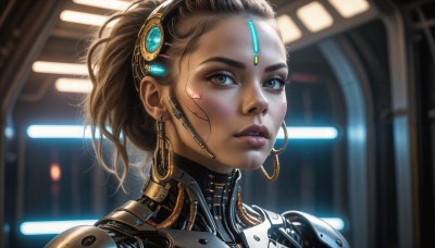 HQ,1girl,solo,looking at viewer,short hair,blue eyes,brown hair,brown eyes,jewelry,ponytail,earrings,parted lips,indoors,dark skin,blurry,dark-skinned female,lips,eyelashes,makeup,blurry background,facial mark,portrait,forehead,science fiction,hoop earrings,realistic,nose,android,cable,cyborg,cyberpunk,earpiece,messy hair,close-up,eyeshadow,headset,backlighting,freckles,eyeliner,dirty,hair pulled back,very dark skin,dirty face