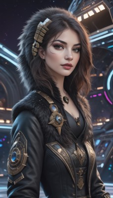 1girl,solo,long hair,breasts,looking at viewer,brown hair,black hair,long sleeves,cleavage,brown eyes,jewelry,jacket,upper body,hairband,earrings,small breasts,parted lips,belt,necklace,lips,coat,grey eyes,fur trim,eyelashes,makeup,night,lipstick,pendant,fur collar,realistic,nose,red lips,hair ornament,medium breasts,artist name,medium hair