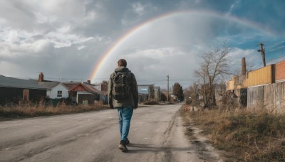 solo,short hair,brown hair,1boy,standing,jacket,male focus,outdoors,sky,shoes,day,pants,cloud,hood,bag,from behind,black footwear,tree,blue sky,coat,shadow,backpack,cloudy sky,grass,denim,building,scenery,walking,jeans,hands in pockets,fence,blue pants,road,house,wide shot,rainbow,power lines,hood down,realistic,bare tree,street,utility pole,sidewalk