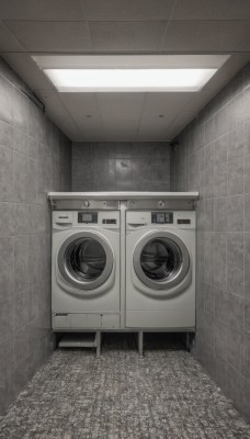 monochrome,greyscale,indoors,no humans,scenery,wooden floor,door,tiles,tile floor,floor,ceiling,ceiling light,washing machine,solo,wall,tile wall,grey theme