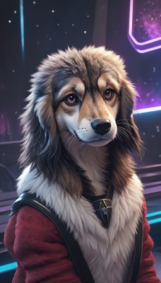 solo,looking at viewer,1boy,brown eyes,closed mouth,upper body,male focus,signature,no humans,animal,suspenders,star (sky),furry,dog,realistic,animal focus,whiskers,jewelry,jacket,artist name,necklace,fur trim,watermark,web address