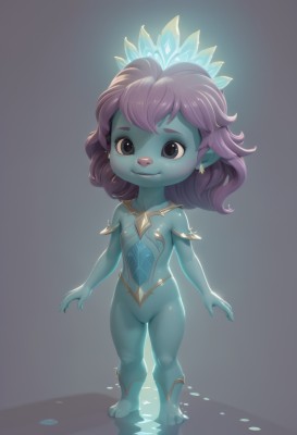 1girl,solo,long hair,looking at viewer,smile,simple background,navel,bare shoulders,brown eyes,jewelry,closed mouth,standing,full body,purple hair,nude,earrings,barefoot,pointy ears,grey background,black eyes,flat chest,loli,glowing,colored skin,blue skin,arms at sides,short hair,blue eyes,small breasts,medium hair,bodysuit,crown,furry,green skin