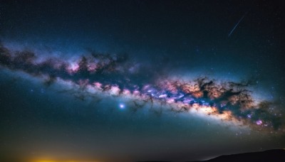 outdoors,sky,cloud,signature,tree,no humans,night,cherry blossoms,star (sky),night sky,scenery,starry sky,sunset,horizon,gradient sky,shooting star,branch,landscape,milky way