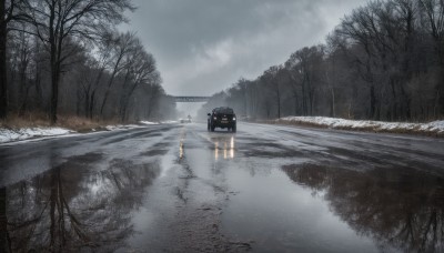 outdoors,sky,cloud,water,tree,no humans,cloudy sky,ground vehicle,nature,scenery,motor vehicle,snow,forest,reflection,rain,car,road,winter,bare tree,fog,grey sky,overcast,day,building,ice,reflective water