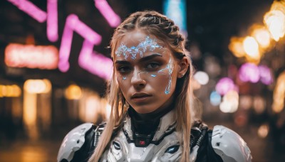 1girl,solo,long hair,looking at viewer,blonde hair,brown hair,black hair,brown eyes,upper body,multicolored hair,parted lips,dark skin,armor,blurry,black eyes,dark-skinned female,lips,depth of field,blurry background,facial mark,portrait,science fiction,realistic,nose,cyborg,power armor,cyberpunk,blue eyes,jewelry,earrings,bodysuit,neon lights