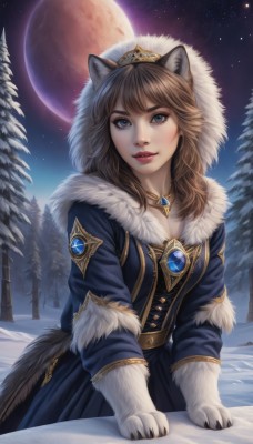 1girl,solo,long hair,breasts,looking at viewer,bangs,blue eyes,brown hair,gloves,long sleeves,dress,animal ears,jewelry,tail,outdoors,parted lips,sky,artist name,hood,necklace,tree,lips,coat,fur trim,makeup,night,blue dress,watermark,moon,wolf ears,tiara,brooch,gem,star (sky),nature,night sky,claws,wolf tail,snow,full moon,pendant,forest,starry sky,animal hands,snowing,winter clothes,red lips,winter,blue coat,winter coat,pine tree,aurora,hat,teeth,signature,eyelashes,lipstick,wolf girl,wolf