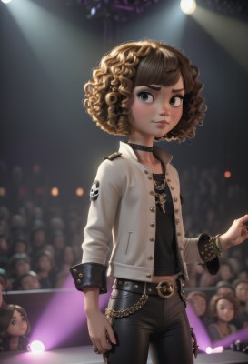 1girl,solo,looking at viewer,smile,short hair,brown hair,shirt,jewelry,closed mouth,standing,collarbone,jacket,cowboy shot,open clothes,solo focus,choker,midriff,belt,pants,necklace,nail polish,blurry,flat chest,bracelet,open jacket,lips,looking to the side,grey eyes,black shirt,makeup,blurry background,chain,black choker,black pants,ring,white jacket,denim,freckles,curly hair,jeans,realistic,nose,petite,midriff peek,badge,crowd,stage lights,afro,studded bracelet,brown eyes,stage