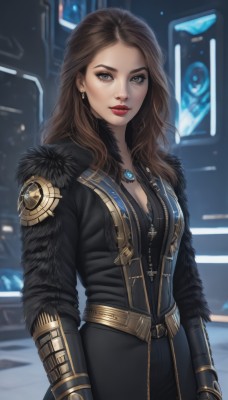 1girl,solo,long hair,breasts,looking at viewer,smile,brown hair,gloves,cleavage,brown eyes,jewelry,medium breasts,standing,cowboy shot,earrings,parted lips,belt,necklace,blurry,lips,coat,fur trim,eyelashes,makeup,blurry background,lipstick,eyeshadow,zipper,black coat,realistic,nose,unzipped,red lips,dress,closed mouth,upper body,artist name,black dress,grey eyes,forehead,pendant,science fiction,neon lights