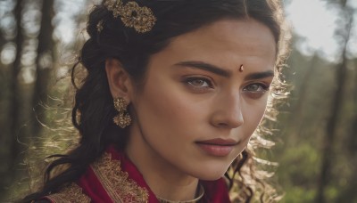 1girl,solo,long hair,looking at viewer,brown hair,black hair,hair ornament,brown eyes,jewelry,closed mouth,earrings,dark skin,necklace,blurry,dark-skinned female,lips,eyelashes,depth of field,blurry background,expressionless,portrait,freckles,realistic,nose,grey eyes,facial mark,close-up,forehead mark,forehead jewel