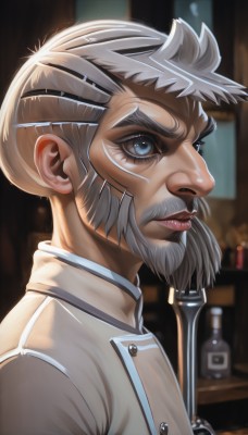 solo,short hair,blue eyes,1boy,upper body,weapon,white hair,grey hair,male focus,artist name,indoors,blurry,from side,lips,grey eyes,blurry background,facial hair,bottle,beard,realistic,nose,mustache,manly,old,cyborg,old man,closed mouth,eyelashes,profile,serious,bar (place)