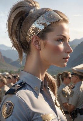 1girl,long hair,blush,blue eyes,multiple girls,blonde hair,brown hair,shirt,hat,white shirt,upper body,ponytail,short sleeves,hairband,outdoors,parted lips,multiple boys,sky,solo focus,day,collared shirt,belt,blurry,uniform,from side,lips,profile,depth of field,blurry background,headband,crossed arms,3boys,blue shirt,faceless,pocket,4boys,realistic,nose,breast pocket,badge,police,police uniform,policewoman,police hat,2girls,cloud,signature,eyelashes,sunlight,backlighting,freckles,mountain,emblem,crowd