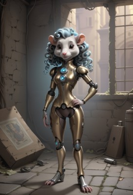 1girl,solo,looking at viewer,smile,animal ears,blue hair,standing,full body,lips,hand on hip,robot,claws,furry,science fiction,curly hair,mouse ears,furry female,android,joints,cable,cyborg,mouse,robot joints,digitigrade,long hair,black hair,black eyes,window,box,doll joints,mechanical legs,screw