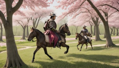 1boy,hat,holding,weapon,male focus,outdoors,multiple boys,day,sword,2boys,armor,tree,animal,helmet,grass,cherry blossoms,sheath,nature,scenery,riding,japanese armor,multiple others,horse,ambiguous gender,horseback riding,reins,saddle,black hair,long sleeves,japanese clothes,striped,pants,from behind,holding weapon,petals,sunlight,1other,sheathed,facing away,wide shot,soldier,path