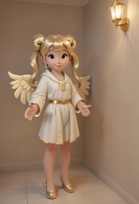 1girl,solo,long hair,looking at viewer,smile,blonde hair,long sleeves,dress,twintails,jewelry,standing,full body,earrings,wings,shoes,belt,indoors,hair bun,white dress,black eyes,bracelet,lips,loli,double bun,child,feathered wings,angel wings,lantern,angel,female child,artist name,high heels,watermark,brown footwear,robe,white wings,white robe